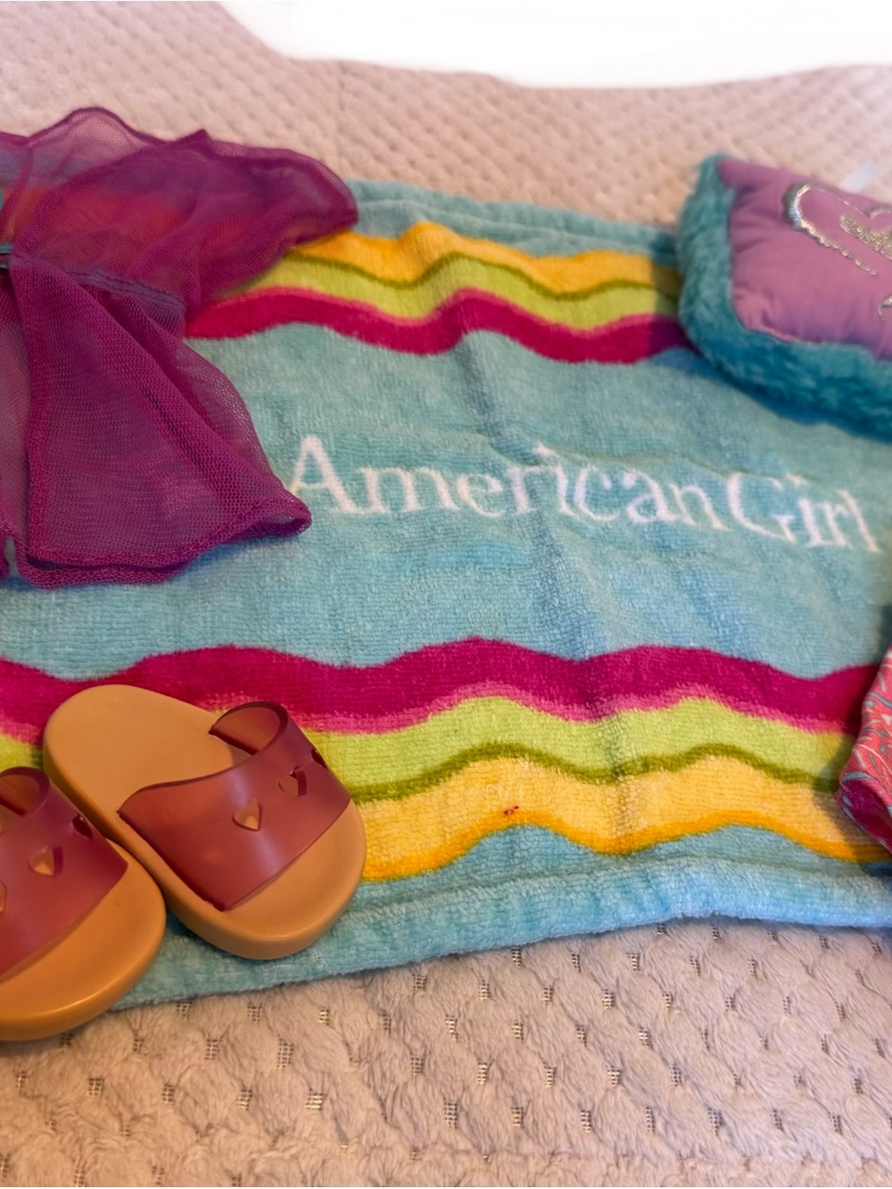 Authentic American Girl Tropical Bloom Swimsuit Towel Sandals Pillow Outfit Lot